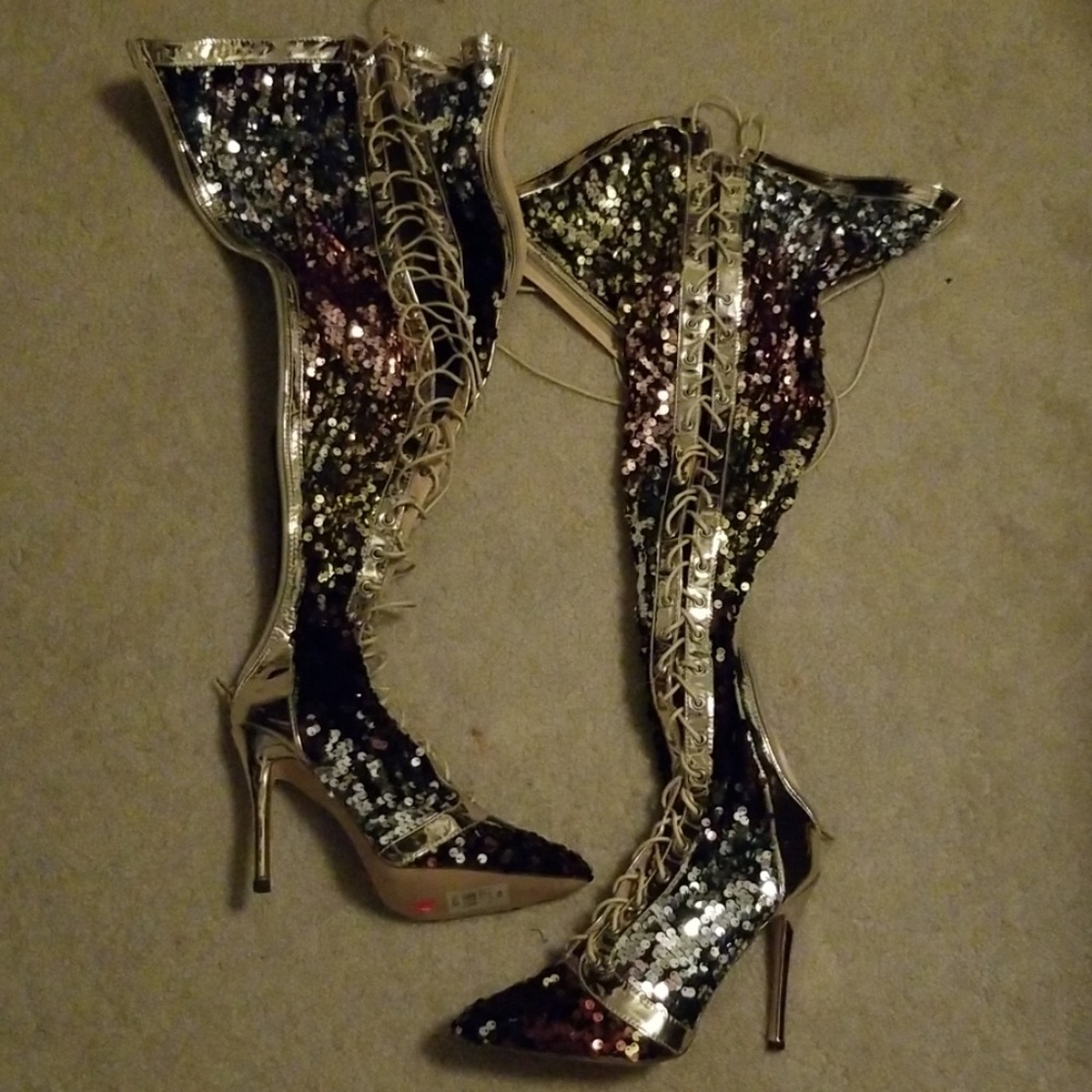 All-sequin laceup boots